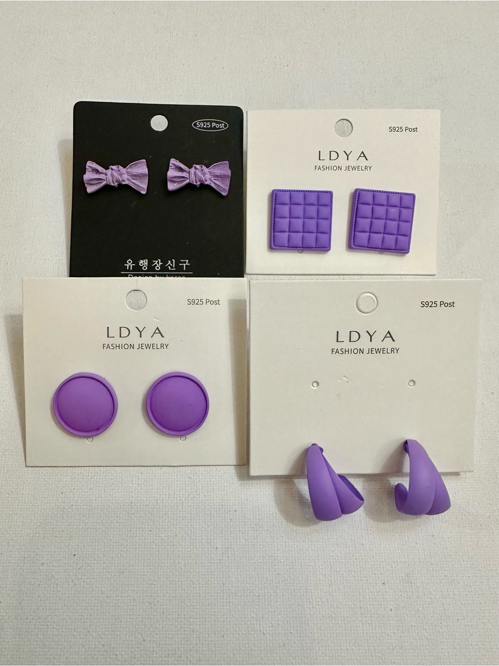 Purple Bow Hoop & Stud Earrings 4 Pair Bundle